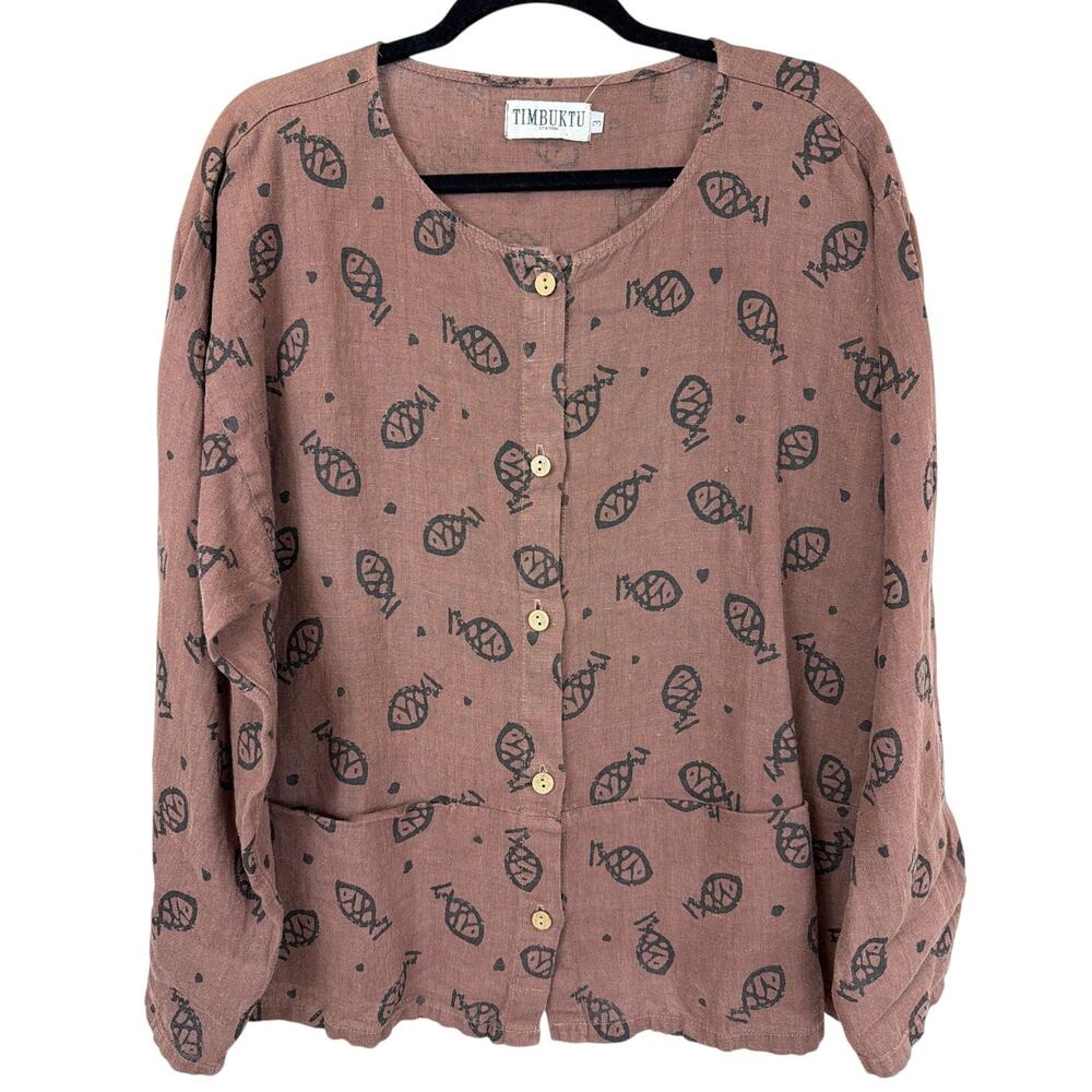 Vintage NWT Timbuktu Station Brown Fish Pattern Linen Button Up Top Size XL